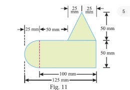 A uniform lamina shown in Fig. 11 consists of a rectangle, a circle and a triangle. Determine the center of gravity of the lamina. All dimensions are in mm