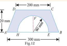 A semicircle of 90 mm radius is cut out from a trapezium as shown in Fig.12 Find the position of the Centre of gravity of the figure