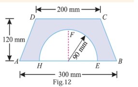 A semicircle of 90 mm radius is cut out from a trapezium as shown in Fig.12 Find the position of the Centre of gravity of the figure