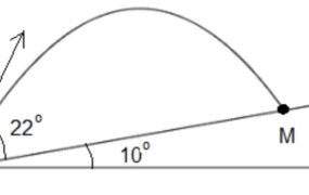 A projectile is launched from point O at an angle of 22° with an initial velocity of 15 m/s up an incline plane that makes an angle of 10° with the horizontal. The projectile hits the incline plane at point M.  a) Find the time it takes for the projectile to hit the incline plane.  b) Find the distance OM.