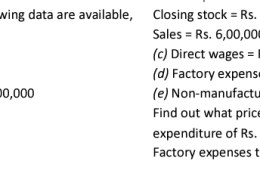 From the records of an oil mill, the following data are available, (a) Raw materials Opening stock = Rs. 1,40,000 Closing stock = Rs. 1,00,000 Total purchases during the year = Rs. 2,00,000 (b) Finished goods Opening stock = Rs. 20,000 Production Cost Estimation 127 Closing stock = Rs. 30,000 Sales = Rs. 6,00,000 (c) Direct wages = Rs. 1,00,000 (d) Factory expenses = Rs. 1,00,000 (e) Non-manufacturing expenses = Rs. 85,500 Find out what price should be quoted for a product involving an expenditure of Rs. 35,000 in material and Rs. 45,000 wages. Factory expenses to labour cost are 100%.