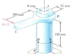 The steel pipe AB has a 102-mm outer diameter and a 6-mm wall thickness. Knowing that arm CD is rigidly attached to the pipe, determine the principal stresses and die maximum shearing stress at point K.