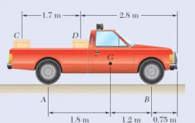 Two crates, each of mass 350 kg, are placed as shown in the bed of a 1400-kg pick-up truck. Draw the free-body diagram needed to determine the reactions at each of the two rear wheels B.