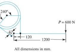 A differential band brake is shown in Figure. The diameter of the drum is 800 mm. The coefficient of friction between the band and the drum is 0.3 and the angle of embrace is 240°. When a force of 600 N is applied at the free end of the lever, find for the clockwise rotation: a) The maximum and minimum forces in the band b) The torque which can be applied by the brake