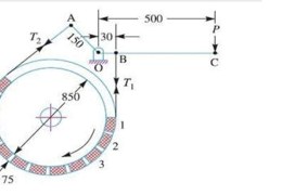 In the band and block brake as shown in fig below, the band is lined with 12 blocks each of which subtends an angle of 15° at the center of the rotating drum. The thickness of block is 75 mm and diameter of drum is 850 mm. When the brake is in action, the greatest and least tensions in the brake strap are T1 and T2, then derive the relation of ratio between tensions. Also calculate the least force required at C for the block to absorb 250kW at 260 rpm. The coefficient of friction for brake is 0.4. All dimensions are in mm.